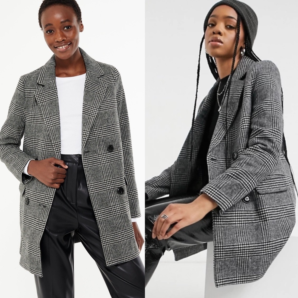 New Look Check Double Breasted Blazer Coat Black